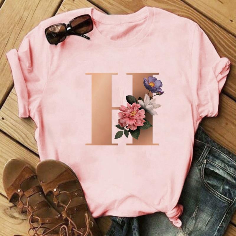 Stylish Gold 26 Letter Floral Print T-shirt Black Oversized for Men And Women Summer Polyester Fabric T-Shirt