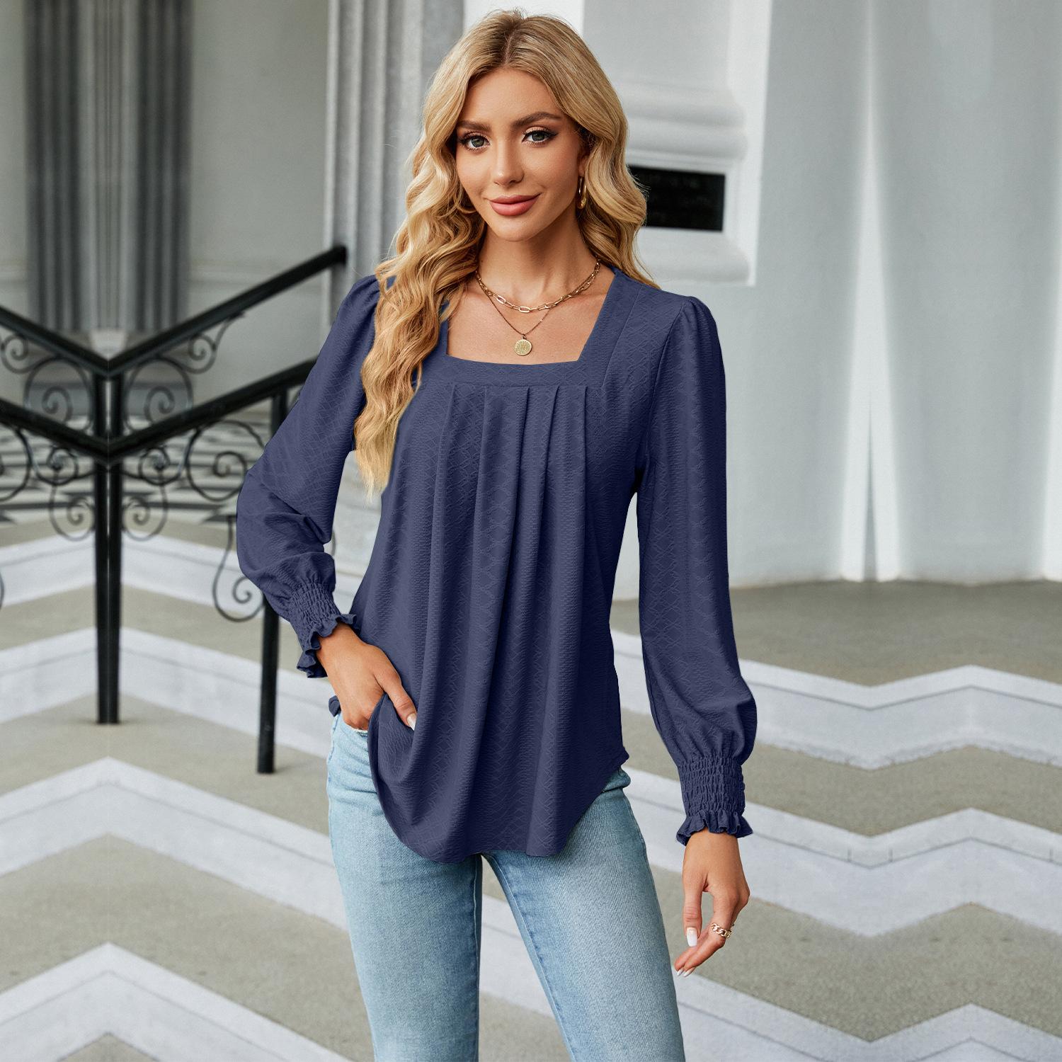 2023 Осень/зима женская повседневная однотонная свободная футболка с квадратным — фото 12