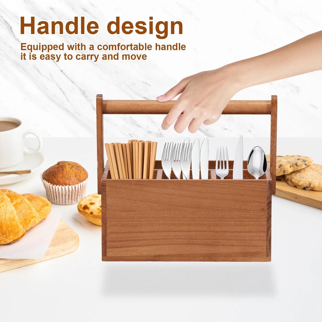 Wooden Kitchen Cooking Utensil Holder with Handle 4 Compartments Caddy Cutlery Holder for Silverware Kitchen Counter Organizer