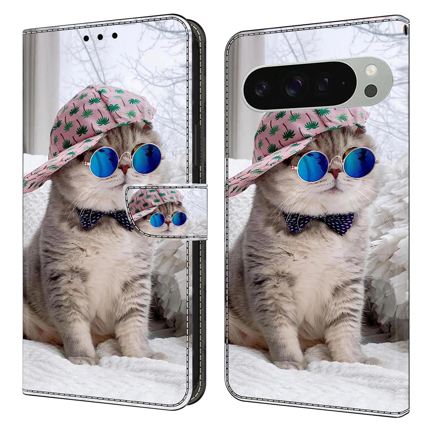 

For Google Pixel 9 Pro XL Wallet Case Pattern Printing Stand Leather Flip Phone Cover Hat Cat