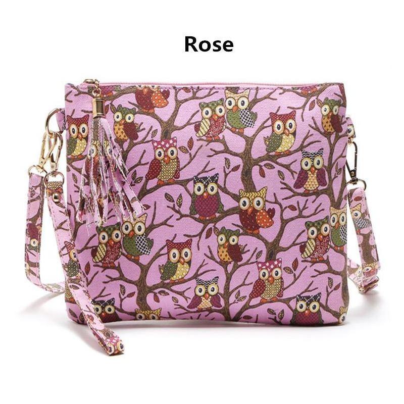 Cartoon Owl Canvas Crossbody Bag With Tassel And Zipper For Women**