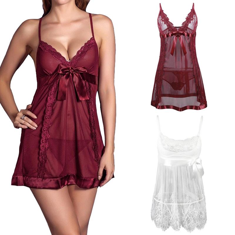 Women Sexy See-Through Lace Sling Sleepwear Nightdress + Thong