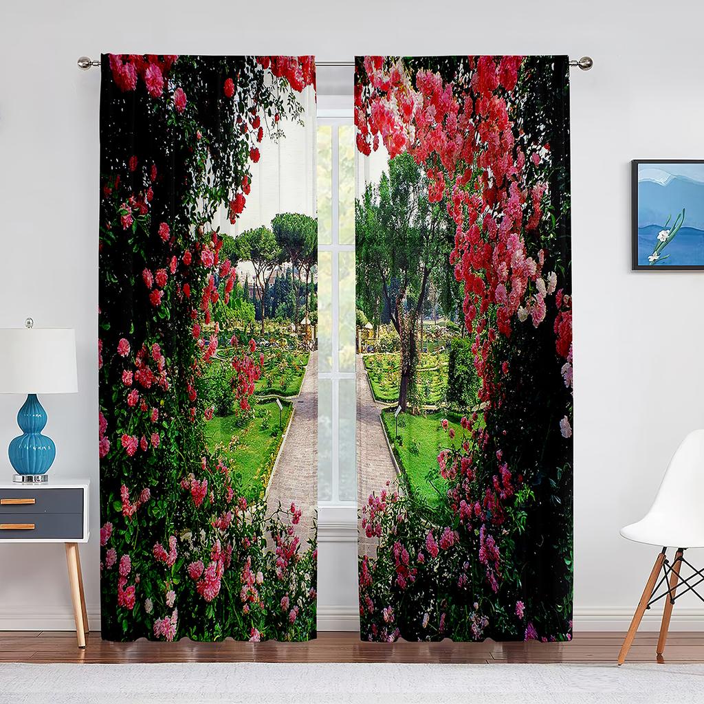 Pink Flowers Cherry Blossoms Park Spring Floral Trees Road Tulle Curtains for Living Room Chiffon Sheer Kitchen Bedroom Curtain
