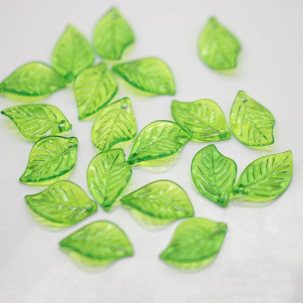 Decoendiy 200Pcs Acrylic Green Leaf Beads - Loose Acrylic Leaf Shape Charms for Jewelry Making DIY Crafts
