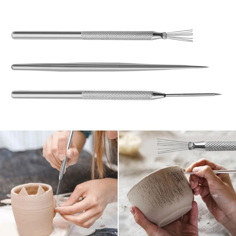 3Pcs Potterys Clay Wire Texture Brush 7Pin Needle Pen Ceramic Polymers Clay Modelings Sculpting Tool Cake