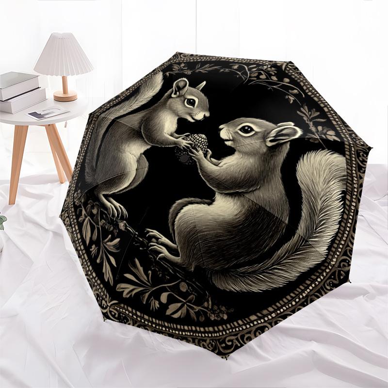 Squirrel pattern, automatic folding umbrella, portable and foldable design, 8 ribs, a Christmas or birthday gift.