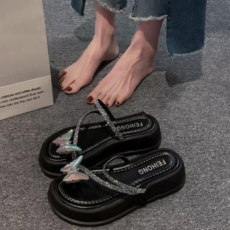 Fashion Women's Fashion Round Head Crystal Butterfly Toe Soft-soled Non-slip Flat Shoes Thick Soled Mid-heel Slippers