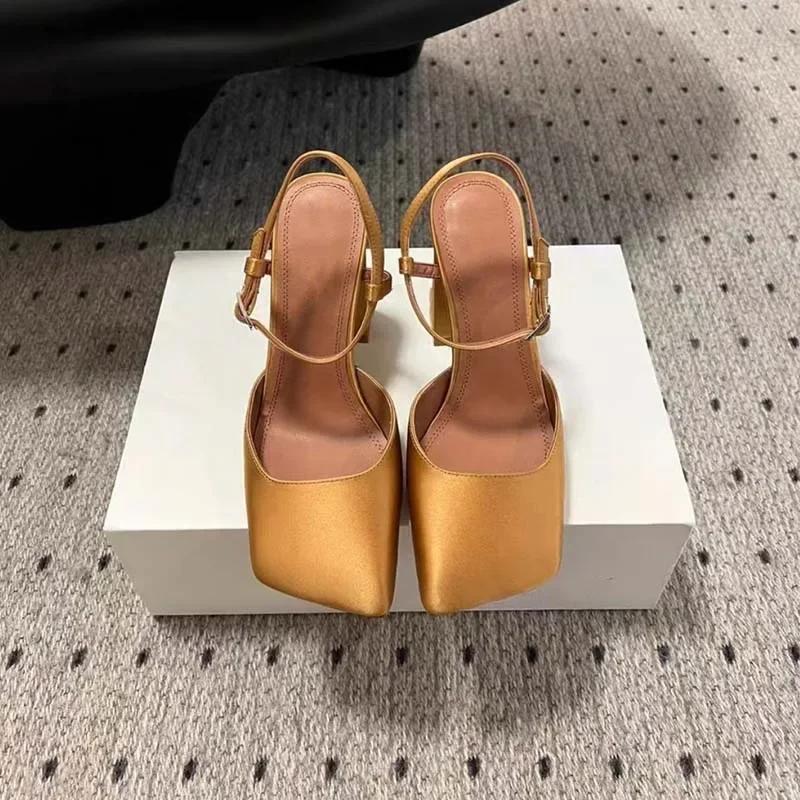 Fashion New Satin Mary Jane Fashion Sandals European American Women's Summer Square Head Thick Heel Shopping Commuting Style High Heels