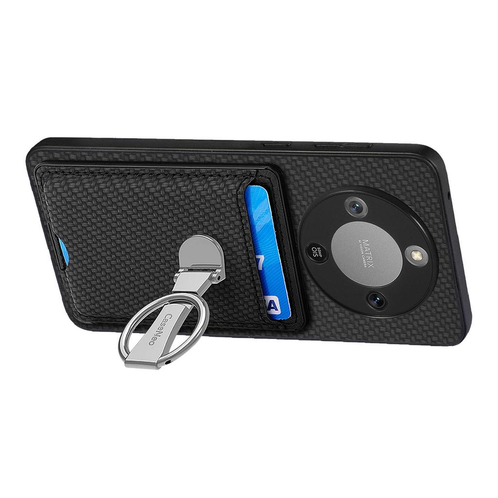 CASENEO Telefondeksel For Honor Magic8 Lite 5G / X9d 5G / X70 5G Lær Bakdeksel med Støtte og Kortplasser Karbonfibertekstur