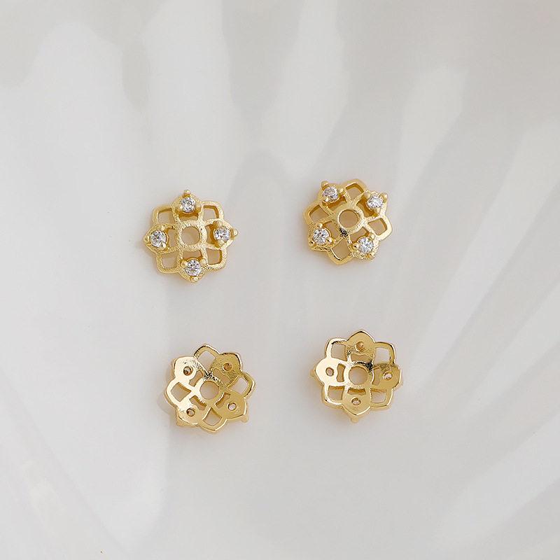 14K Gold Plated Zircon Four-Leaf Clover Flower Cap Bead Holder for DIY Jewelry