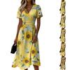 V Neck Short Sleeve Midi Dress with Sunflower Print High Waist A Line Casual Summer Dress for Women Lightweight Fabric