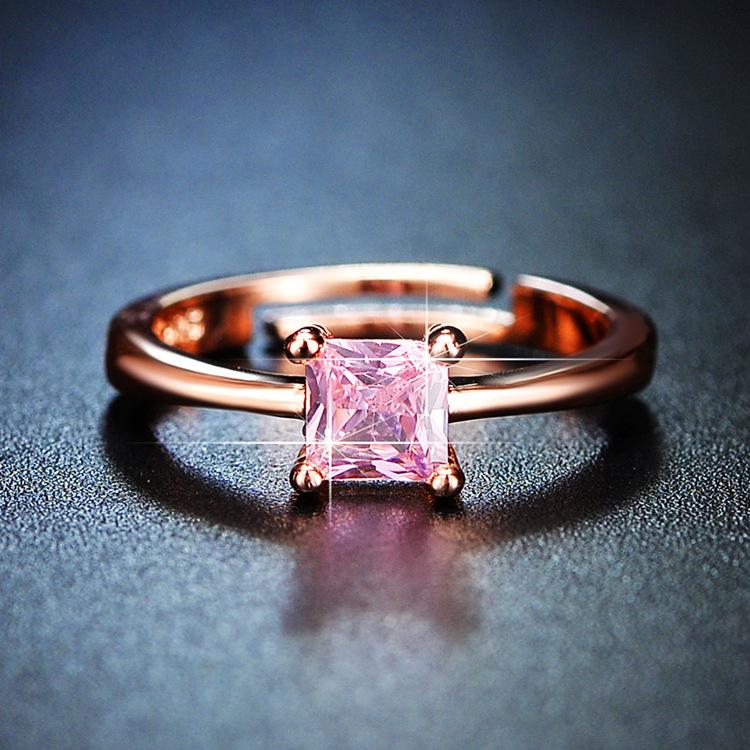 Technology Ice Flower Cut Ice Berry Powder Zirconium Square Ring Women's Rose Gold Open Ring