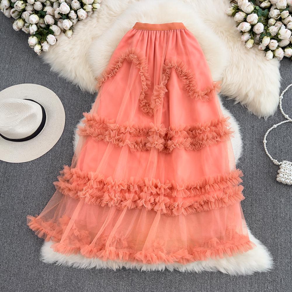 Elastic Waist Fairy Mesh Cake Skirt A-Line Skirt Summer Korean Version High Waist Slim All-Match Midi Skirt