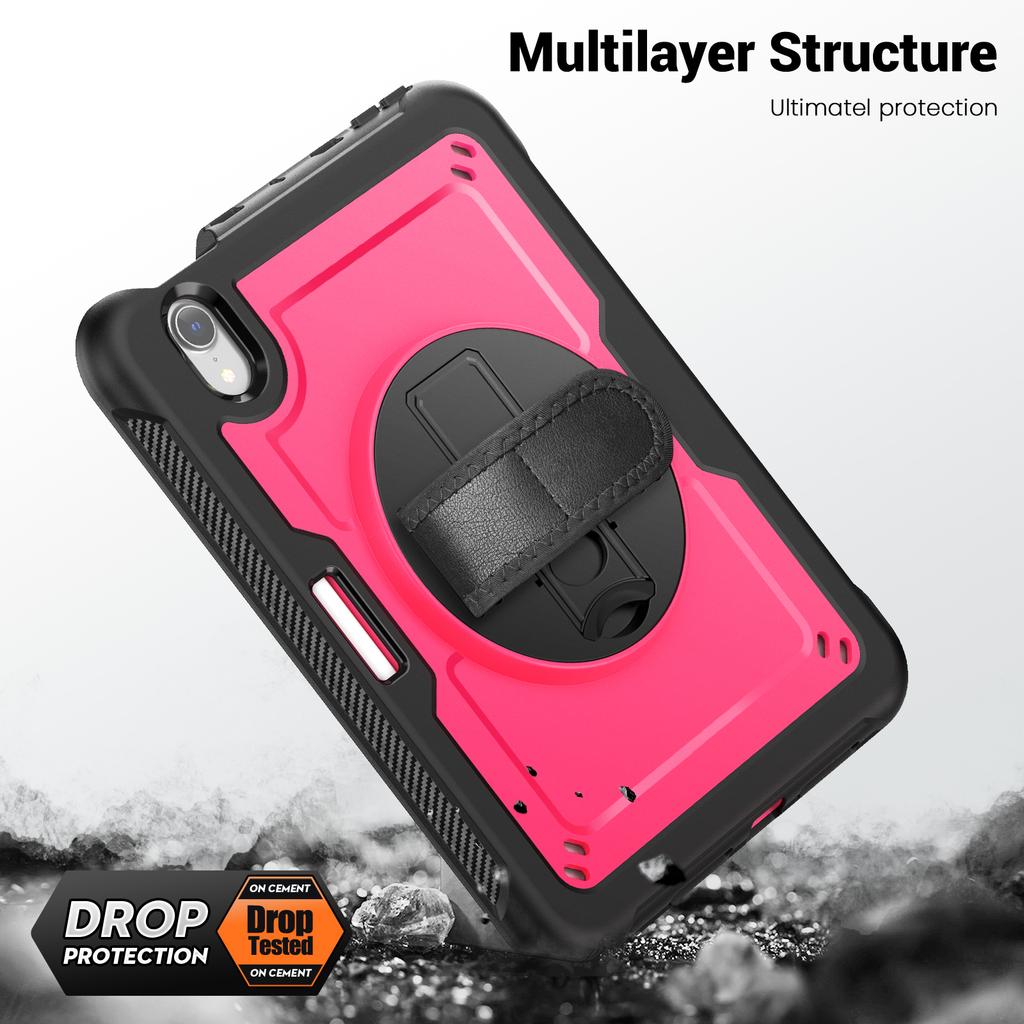 For iPad Mini (2024)/(2021) Case Kickstand PC + TPE Tablet Cover with Hand Strap and Shoulder Strap