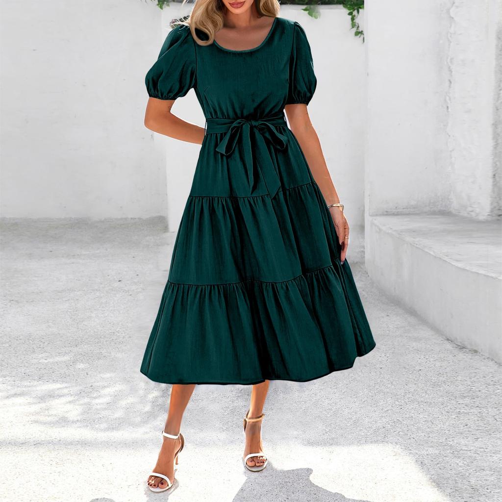 Women's Summer Solid Color Short Sleeve Round Neck Waistband Bohemian Flowy Layered Maxi Dress With Pockets