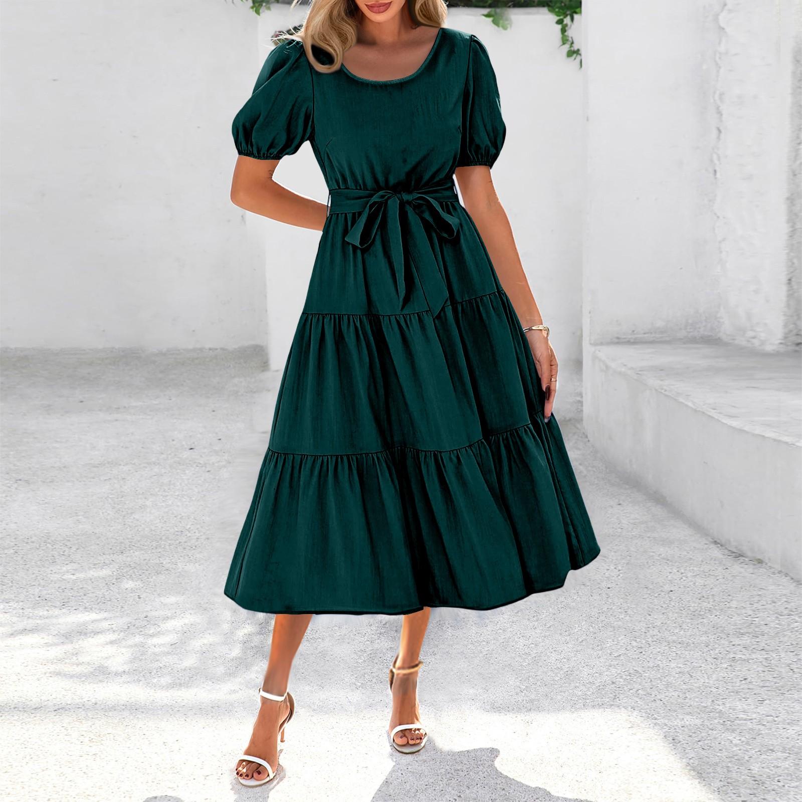 

Women s Summer Solid Color Short Sleeve Round Neck Waistband Bohemian Flowy Layered Maxi Dress With Pockets XXL