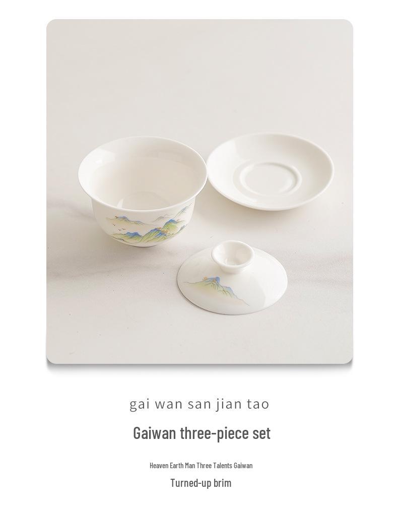 Dehua White Sancai Gaiwan: High-end Mutton Fat Jade Porcelain Tea Bowl and Kung Fu Teacup Set