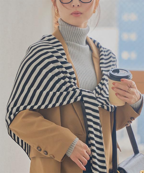 Kobe Lettuce Wide Knit Scarf, Women's, Large, Striped, Shoulder/Lap Throw, Stole, Autumn/Winter [J1180] Beige