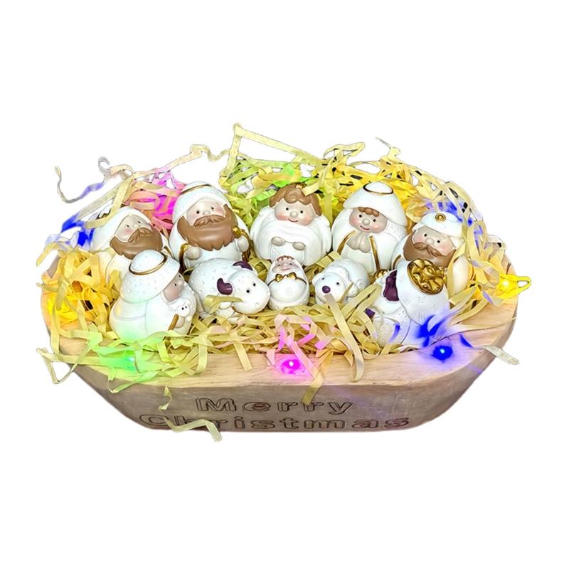 Wooden Miniature Manger Scene Wood Nativity Figurine Christmas Decoration with Colorful LED Light for Home Decoration 1