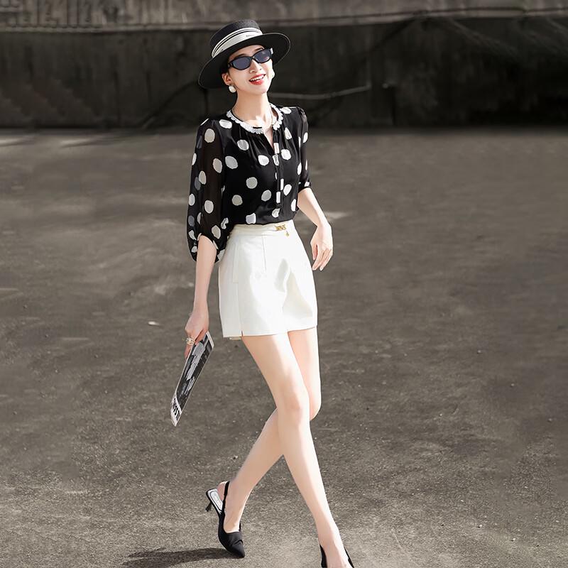 Elegant French Style Polka Dot Three-Quarter Sleeve Blouse