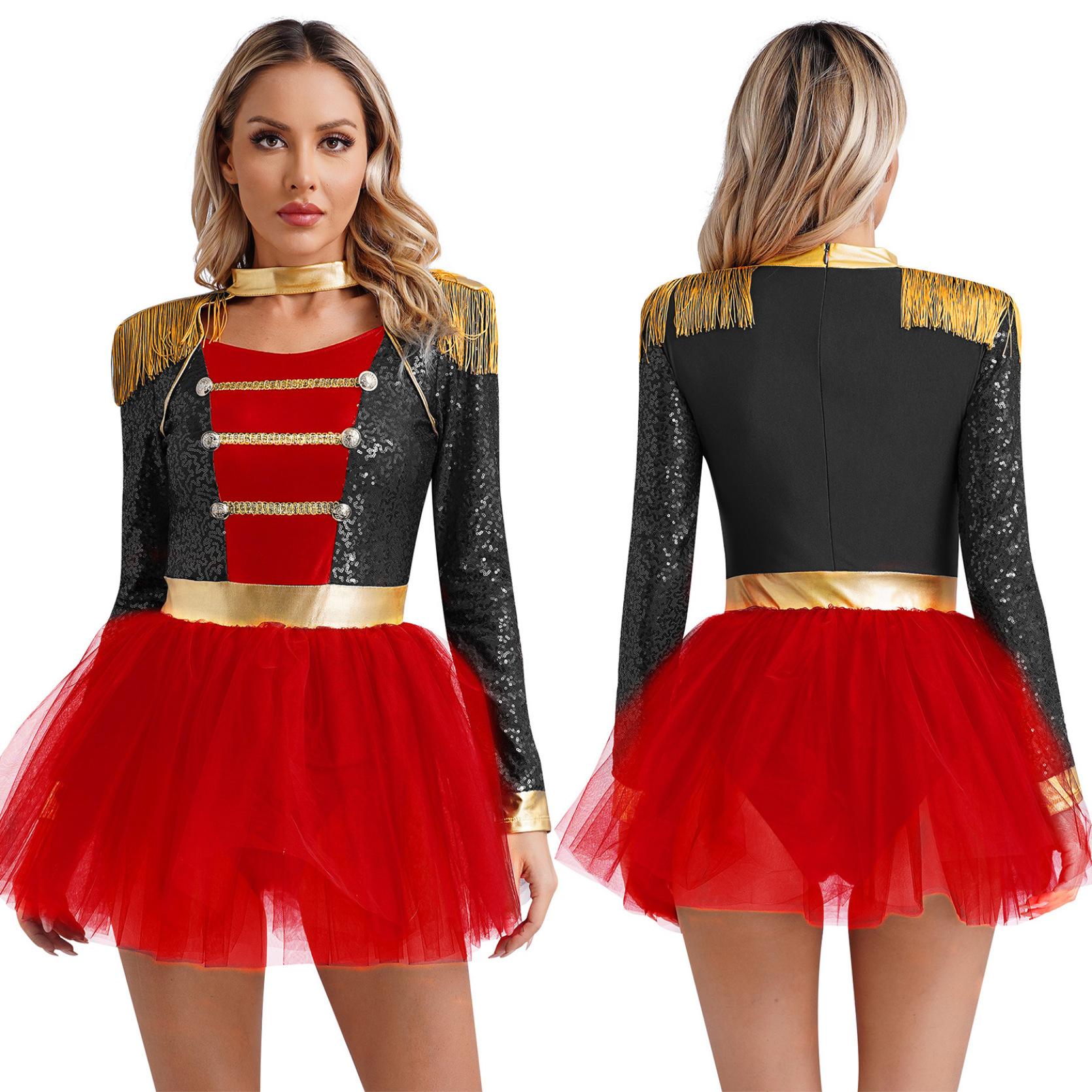 Costume cosplay da circo con paillettes da donna, direttore di circo, manica lunga, spalla con frange, body in tulle, vestito per Halloween M nero