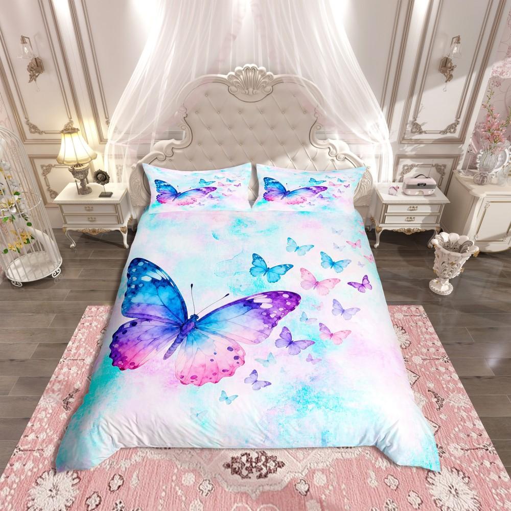 Homewish Blue Pink Butterfly Duvet Cover Set,Romantic Dreamy Animal Bedding Set,Teens Girls Kids Female Reversible Bed Set