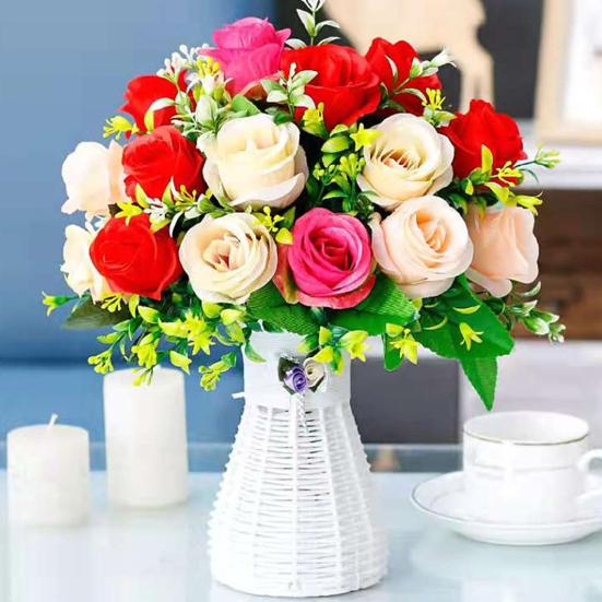 Artificial Roses Flowers 6 Heads Faux Silk Flower Bouquet with Leaves for Bridal Bouquet DIY Arrangement Wedding Party Home Living Room Table Decor