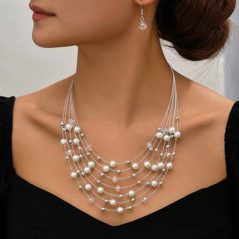 Европейский и американский этнический стиль многослойный жемчужный женский ювелирный набор: Ожерелье и серьги белый