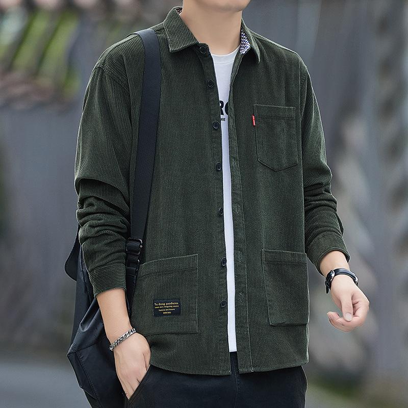 Men's Spring Corduroy Long-Sleeve Shirt Autumn Solid-Color Casual Multi-Pocket Loose-Fit Top