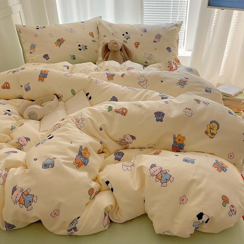 100% Pure Cotton Bed Four-piece Set Skin-friendly Water Wash Bed Sheet Quilt Cover Pillowcase Set