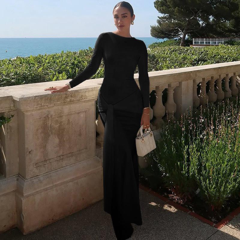 Women's Fashion Round Neck Long Sleeve Slim Dress New European and American Style Maxi Dresses Solid High Waist Party Long Gown