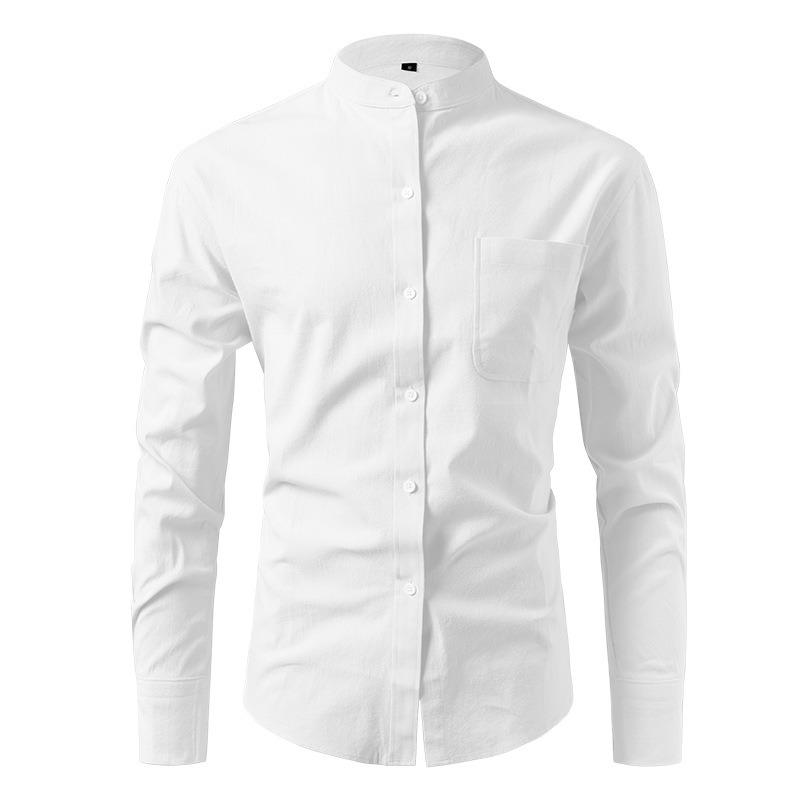 Men Stand Collar Solid Long Sleeve Shirt, Cotton Linen-like Breathable Casual Shirt Cross-border Men Top
