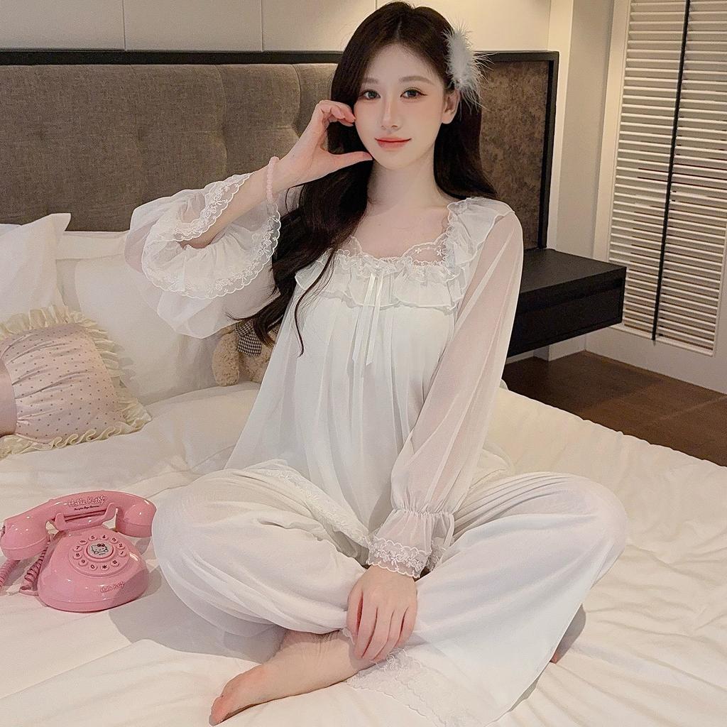 Autumn long-sleeved pajamas women's with chest pads, mesh, sweet lace princess style trousers set, loungewear