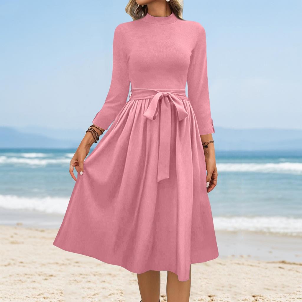 Women's Fashion Casual Belt Seven Sleeve Round Neck Solid Color Temperament Dresses