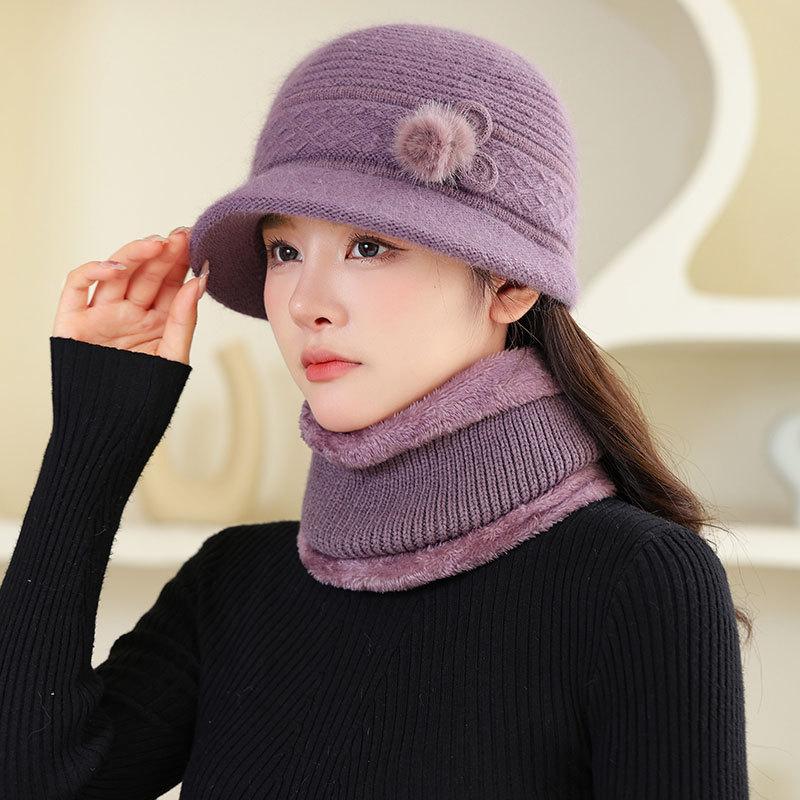 Fleece Warm Hat Ladies Mom Rabbit Plush Fashion Knitted Scarf Basin Hat Winter Grandma Windproof Hat