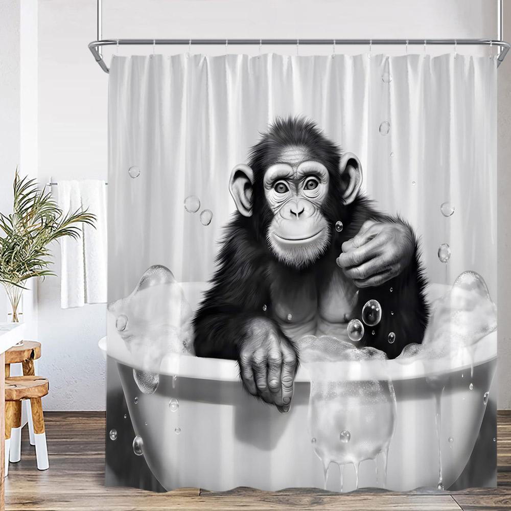 

Funny Animals Shower Curtain Bathing Animal Chimpanzee Deer Elk Cat Dog Leopard Bear Bathtub Decor Modern Polyester Bath Curtain W60H190(CM)-1 Pcs