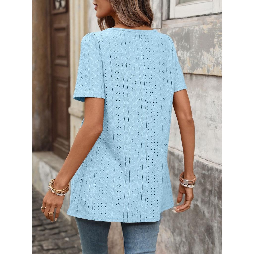 Women's Spring Summer Solid Color Square Neck Button Short Sleeve Loose T-shirt Top, Amazon Cross-border Casual Tee for Women
