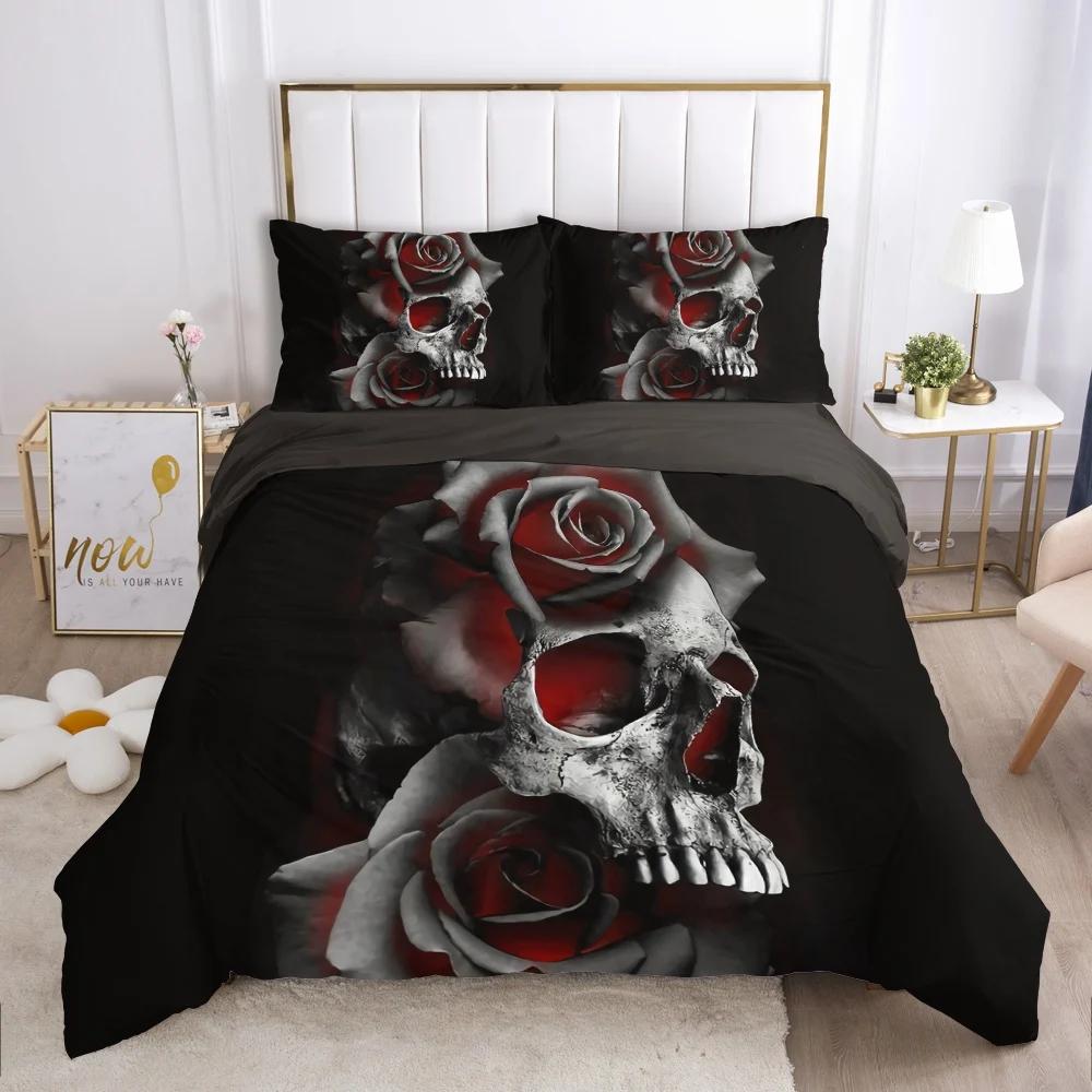 

Комплект постельного белья из 3 предметов с односторонним принтом черепа, одеяло с 2 красивыми пододеяльниками, подушками, удобными покрывалами, комплект постельного белья EU single(135x200cm)