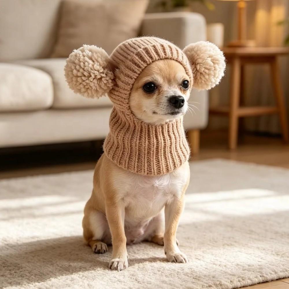 Handmade Pet Neck Warmer Soft Stretchy Pet Pom-pom Hat Absorbing Sound Pet Headgear Cold Weather
