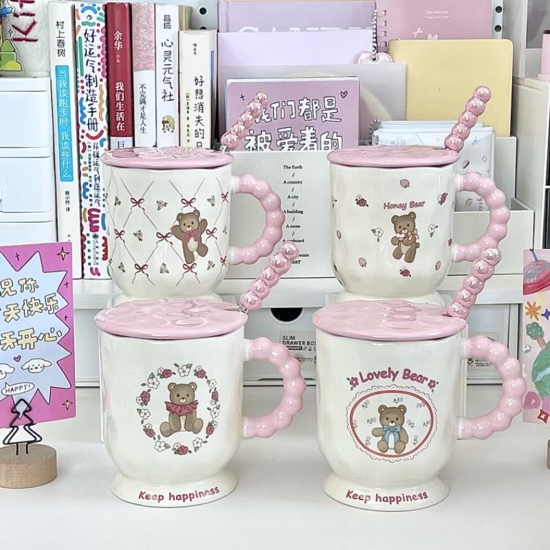 High Looking Cute Little Bear Goblet Cartoon Ceramic Mug with Lid Spoon Girl Coffee Cup Birthday Gift