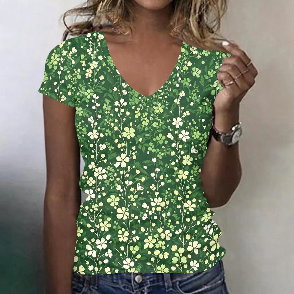 Women V Neck Short Sleeve Top with Floral and Bird Print Casual Loose Fit Lightweight Soft Fabric Comfortable Tee Shirt