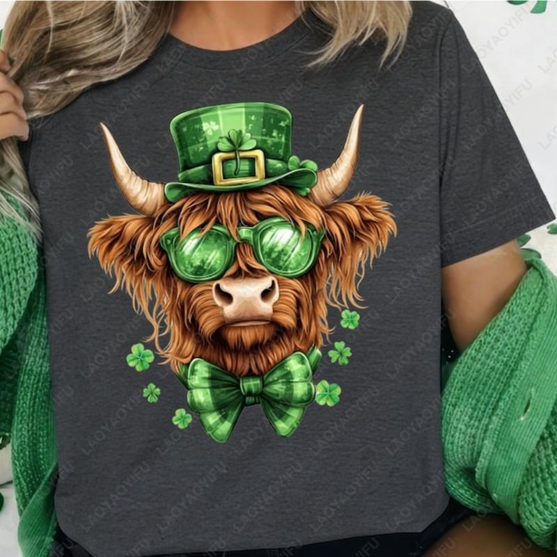 

Highland Cow St Patricks Day Unisex Cotton Shirts Fun Lucky Clover Gentry Oneck Printed Tops Irish Holiday Dress Ropa Hombre S