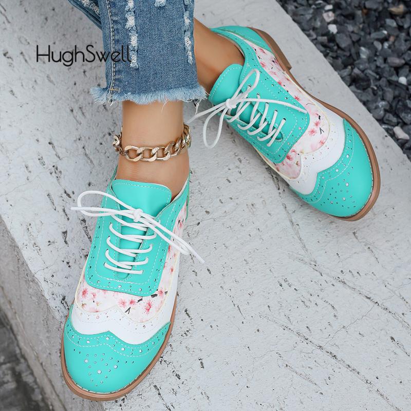 Mode Lila Farbe Gemischt Brogue Schuhe Frau Schnürschuhe Oxford Kleid Flach Zapatos Damen Blumenmuster Britische Derby Schuhe