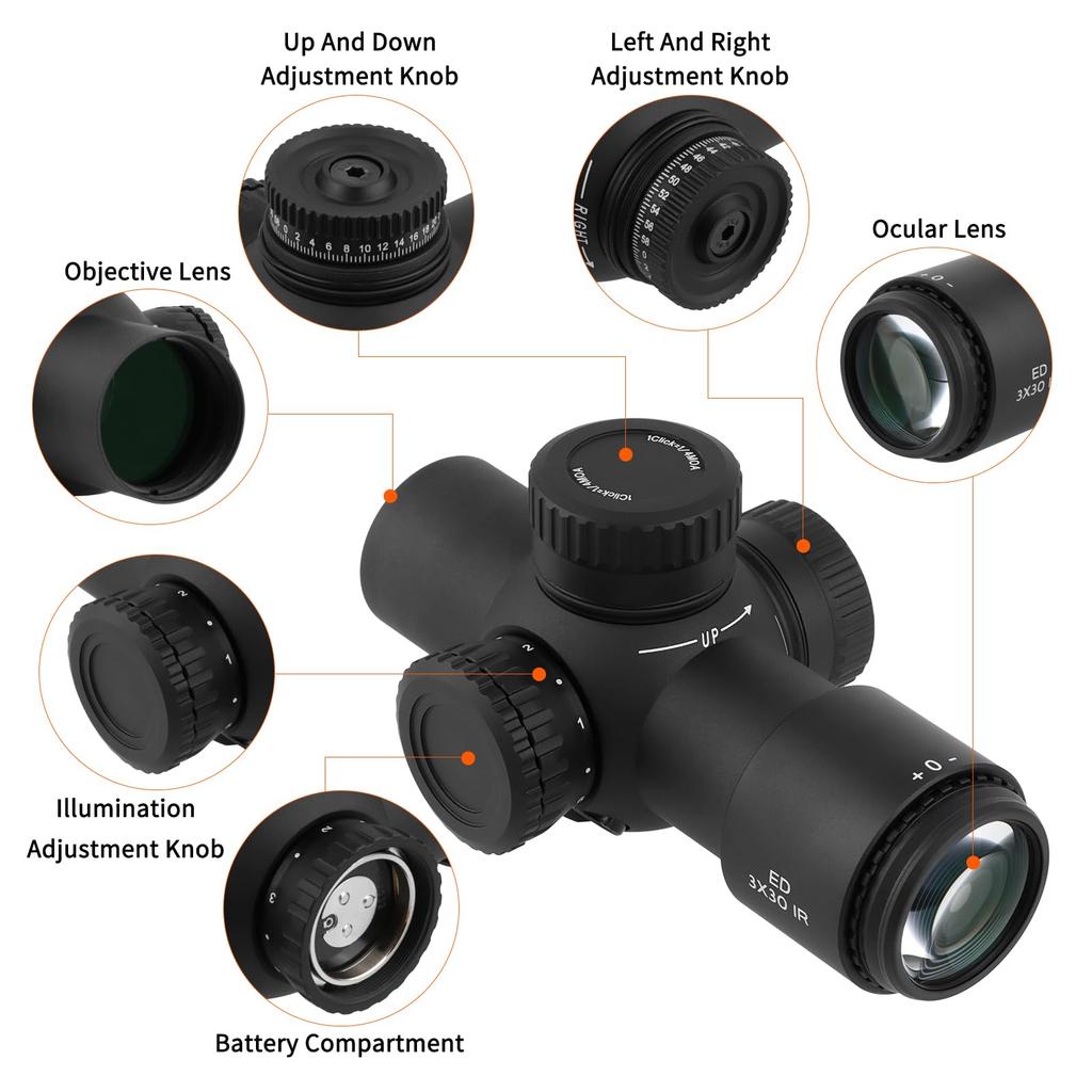 FOCUHUNTER 3x30 Prism 1200G IP67 Red Green 12cm Compact Short Tactical Sight for and Airsoft Riflescope, Shockproof, Waterproof, 6-Level Half-Mildot,