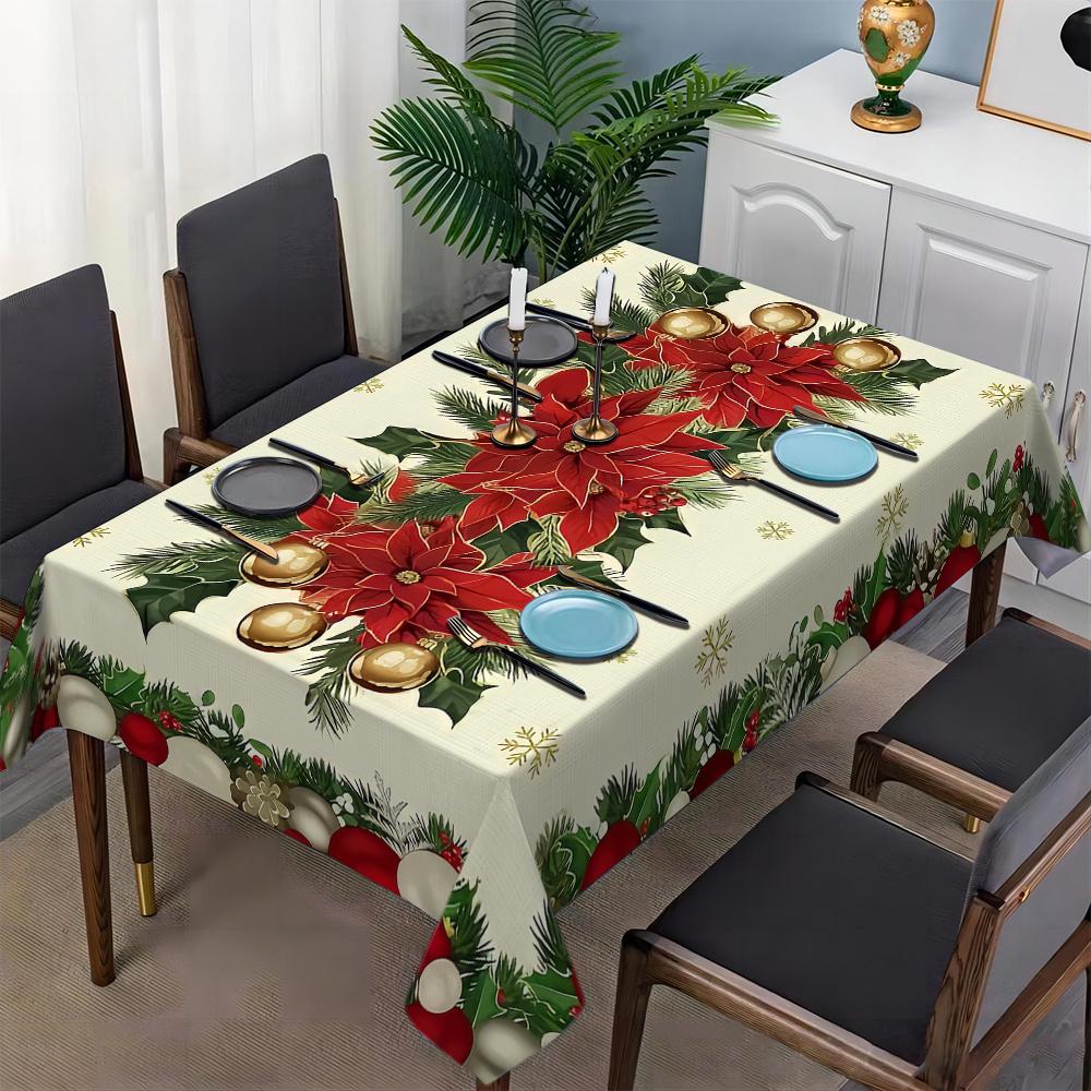 Christmas Poinsettia Pine Needle Xmas Balls Waterproof Tablecloth Table Decor Kitchen Dining Tablecloth Christmas Decorations