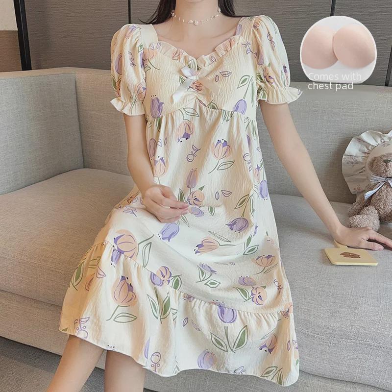 Women's Sweet Fairy Style Cloud Cotton Nightdress with Chest Pads