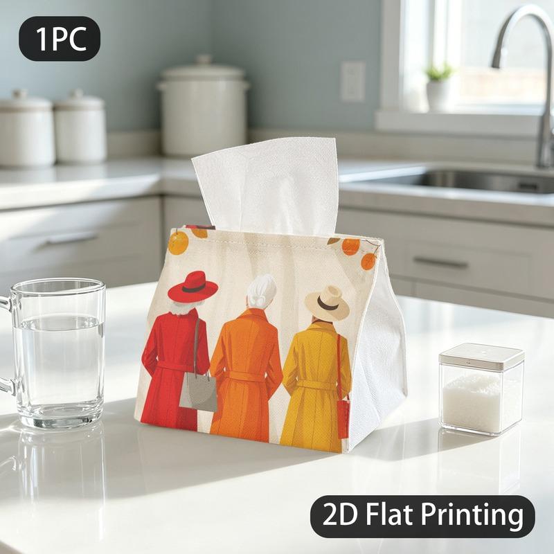 1pc Tissue Box, Flat Style Senior Women Warm Autumn Pattern, 2D Flat Printing, Crafted with Strong Polyester, Easy to Carry, Tissue Container, for Hom