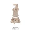 Kaslead New Arrival Women's Clothing Fashion Style Fashion Yellow Grid Halter Top Half-Length Skirt Outfit