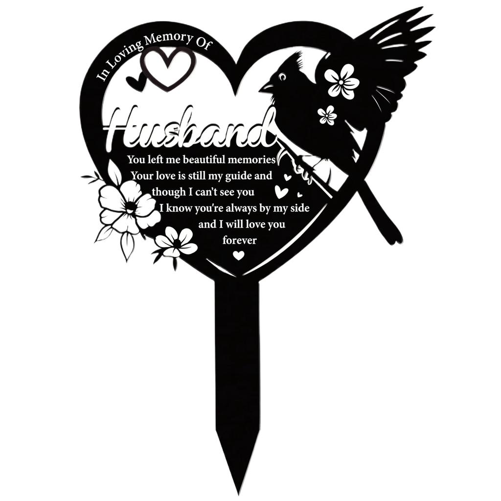 Outdoor Memorial Garden Stake Husband Tribute Metal Heart Shaped Cemetery Decoration with Bird and Floral Design for Graveyard Remembrance