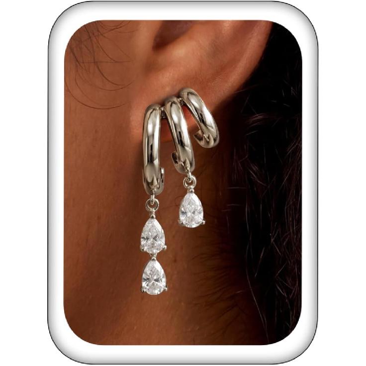 Triple Huggie Stacked Earrings for Women Gold Chain Drop Dangle Earrings Cute Statement CZ Earrings Trendy Dainty Jewelry Gift